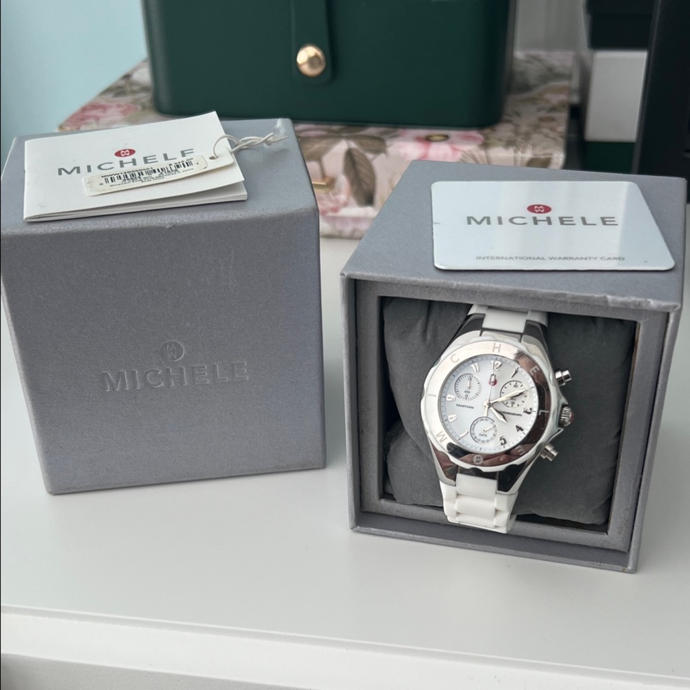 Michele Silver and White Chronograph Watch